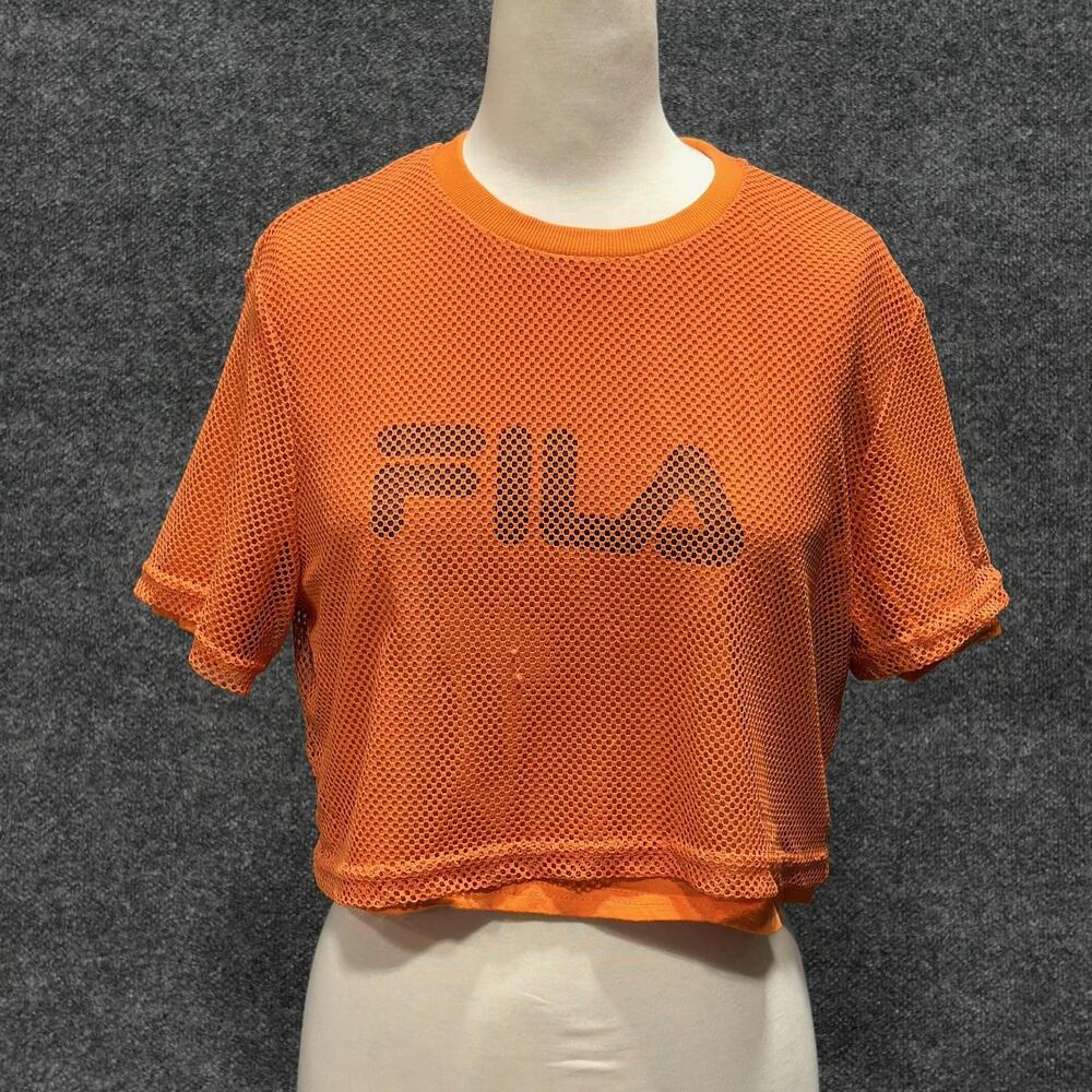 Fila Shirt Womens Small Orange Mesh Short Sleeve Crop Top Logo Athletic Workout